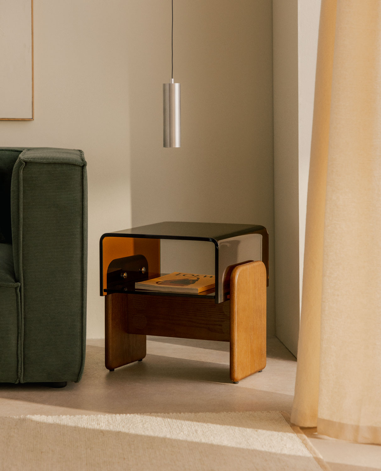 Mesa Auxiliar Rectangular de Cristal Curvado y Madera (45x40 cm) Clery, imagen de galería 2