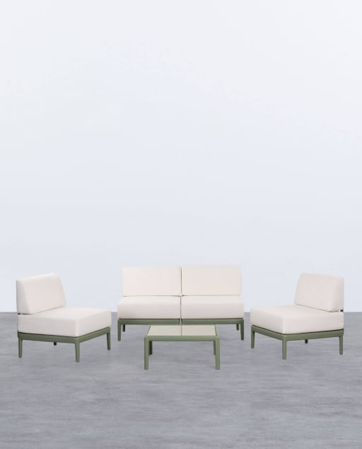 Set de Jardín con Sofá 2 Plazas, 2 Sillones y Mesa de Centro de Cristal Templado y Polipropileno Meivy