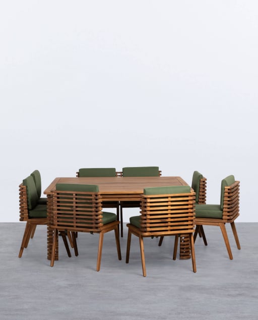 Set de Mesa Cuadrada y 8 Sillas de Madera de Acacia y Tela de Exterior Hazan