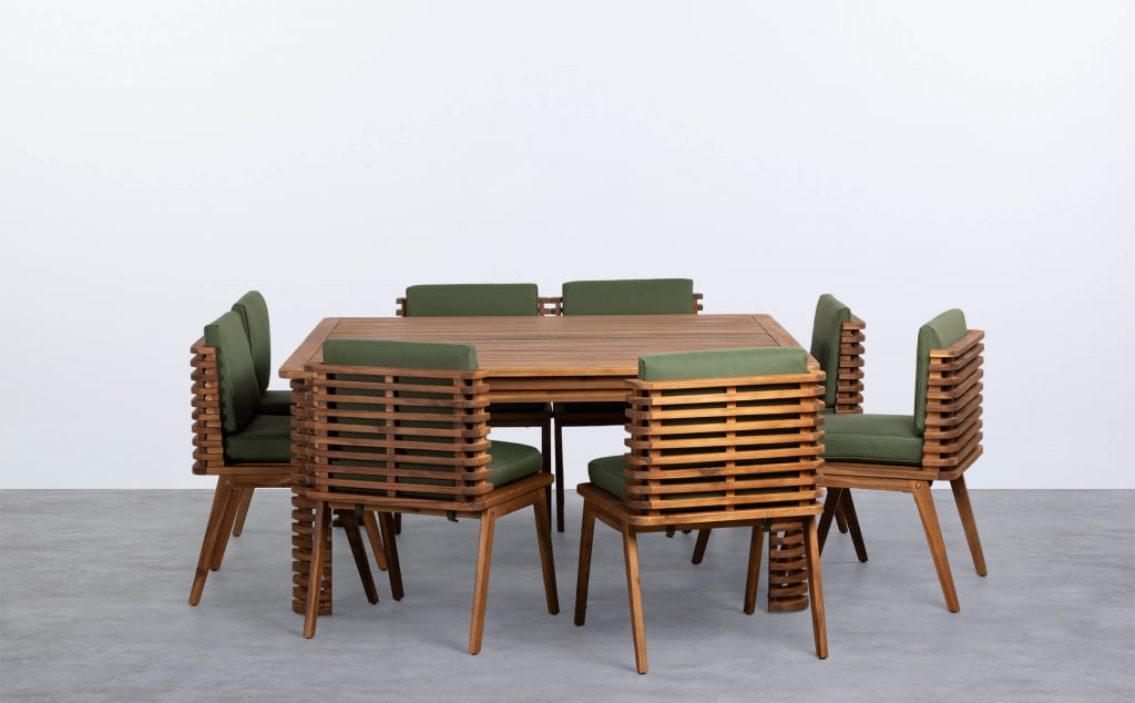 Set de Mesa Cuadrada y 8 Sillas de Madera de Acacia y Tela de Exterior Hazan