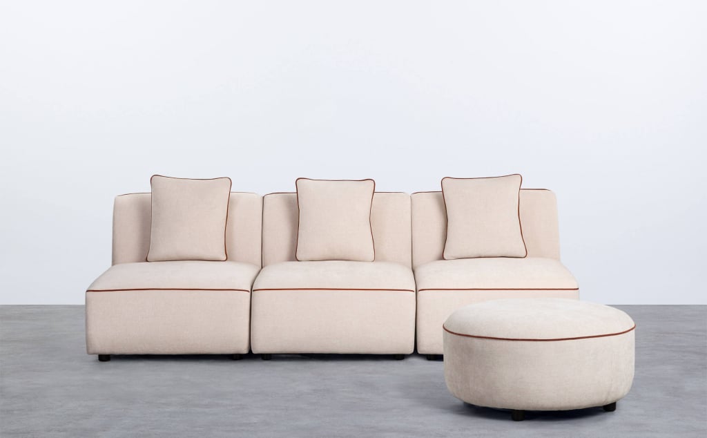 Sofá Modular de 3 Piezas Sillón con Puff Redondo de Tela Ilham 