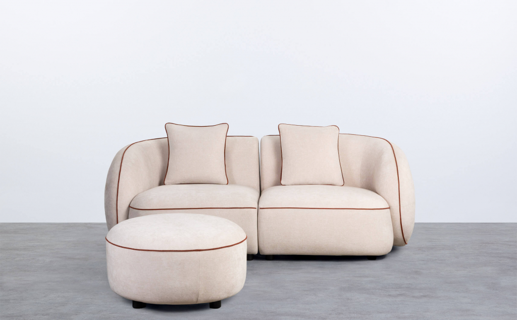 Sofá Modular de 2 Piezas Esquineras con Puff Redondo de Tela Ilham 