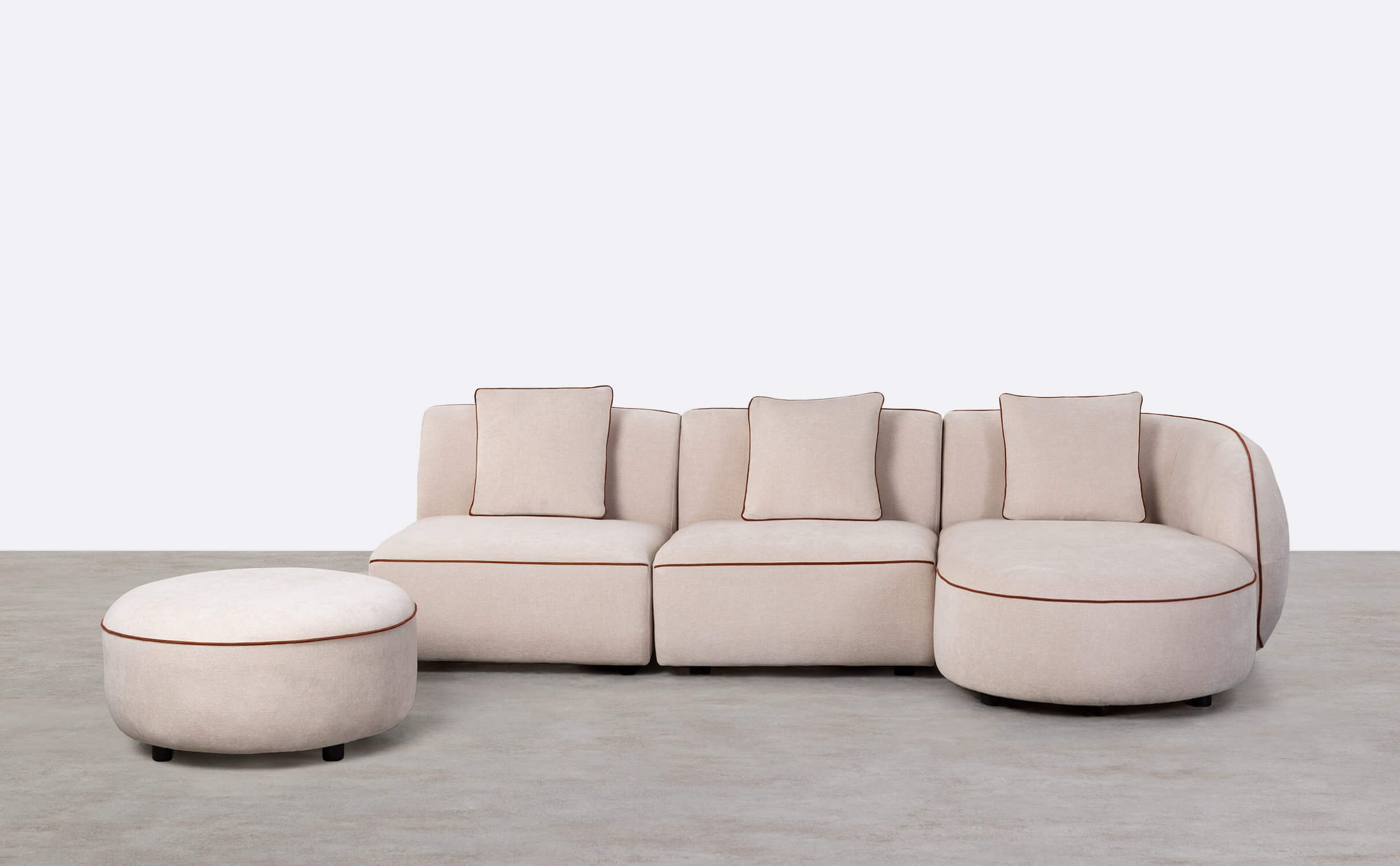 Sofá Modular 3 Piezas Chaise Longue con 2 Sillones y Puff Redondo de Tela Ilham, imagen de galería 1
