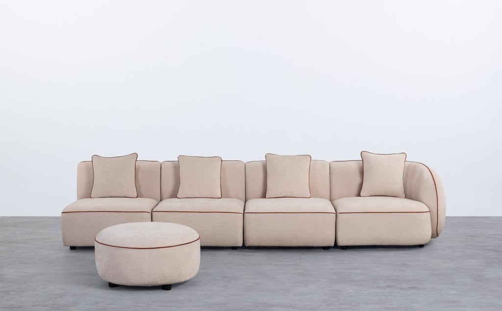 Sofá Modular 4 Piezas con Sillón Esquinero y Puff Redondo de Tela Ilham