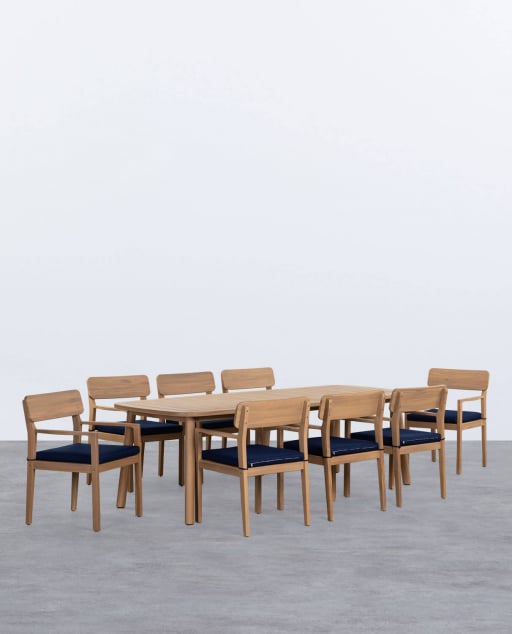 Set de Mesa Rectangular (240x100 cm) y 8 Sillas con Reposabrazos de Madera de Acacia de Exterior Marla - Azul Storm