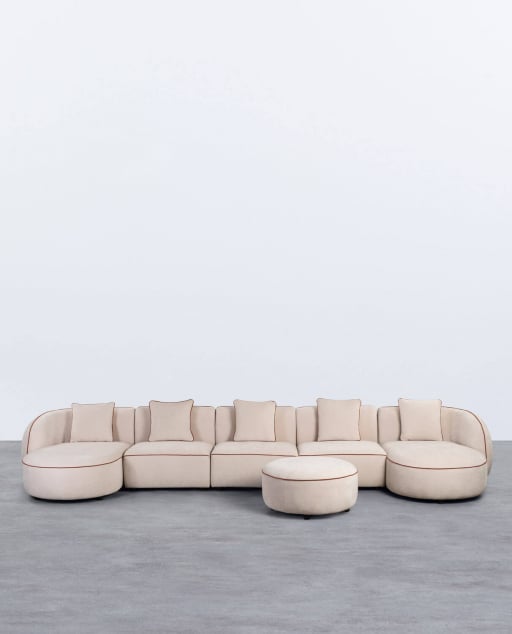 Sofá Modular 5 Piezas con 2 Chaise Longue y Puff Redondo de Tela Ilham