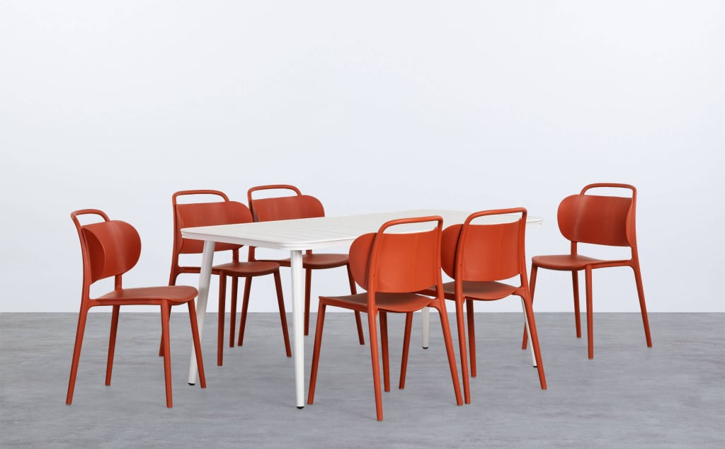 Set de Mesa Rectangular de Aluminio Cancún y 6 Sillas de Polipropileno de Exterior Kole