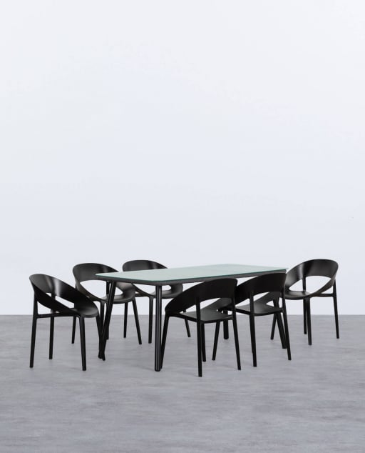 Set de Mesa Rectangular de Aluminio y Cristal (160x90 cm) Drian y 6 Sillas de Polipropileno de Exterior Lara