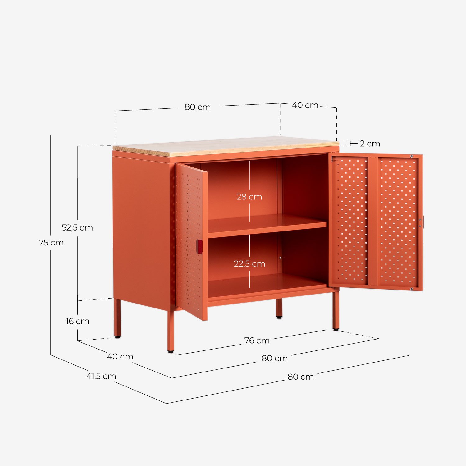 Aparador Bajo 2 Puertas de Acero Laminado y Madera de Pino Varys, medidas