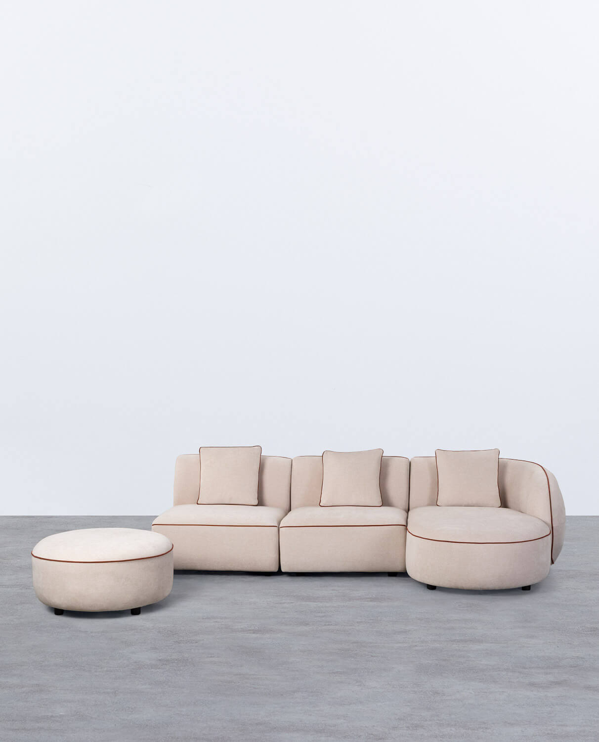 Sofá Modular 3 Piezas Chaise Longue con 2 Sillones y Puff Redondo de Tela Ilham