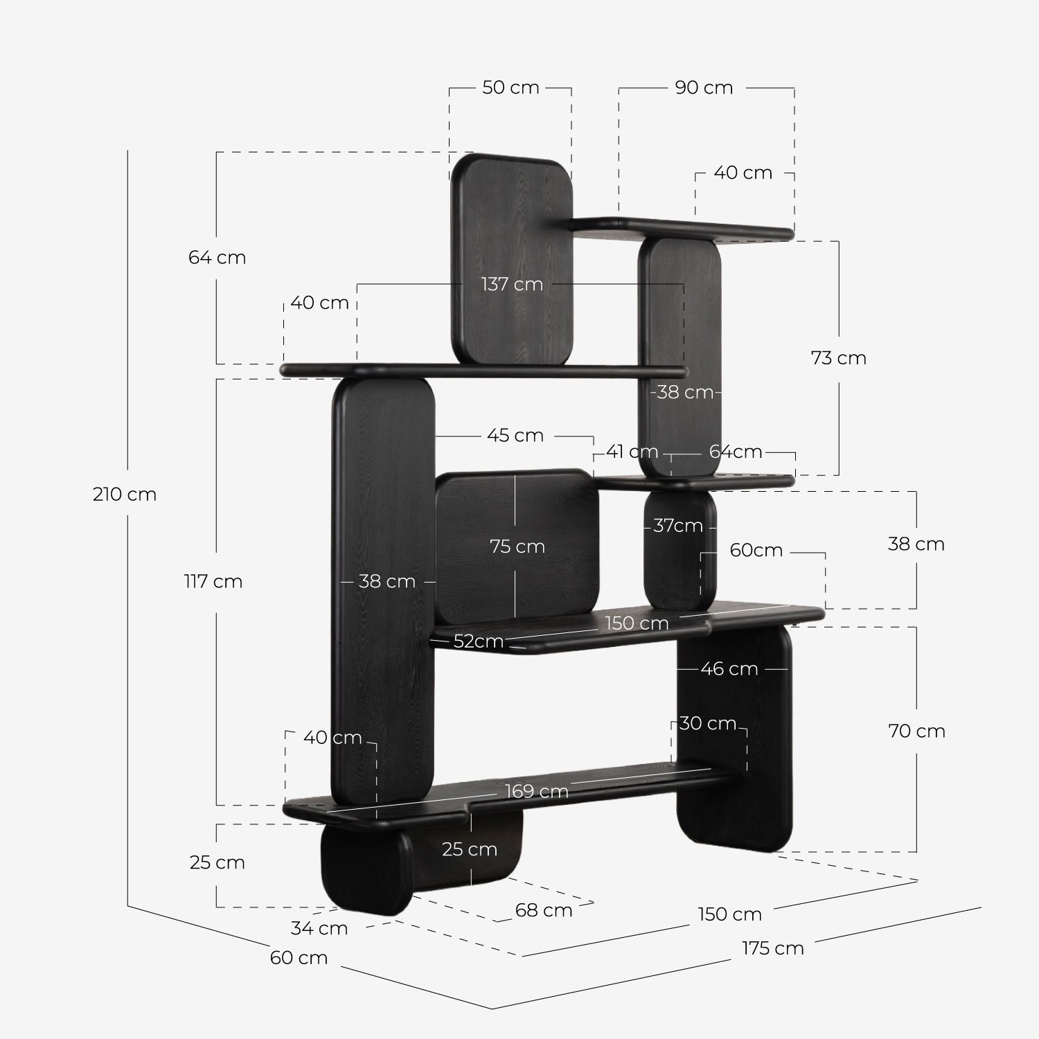 Estantería con Escritorio de Madera de Pino y Madera de Olmo (175x60 cm) Kuroen, medidas