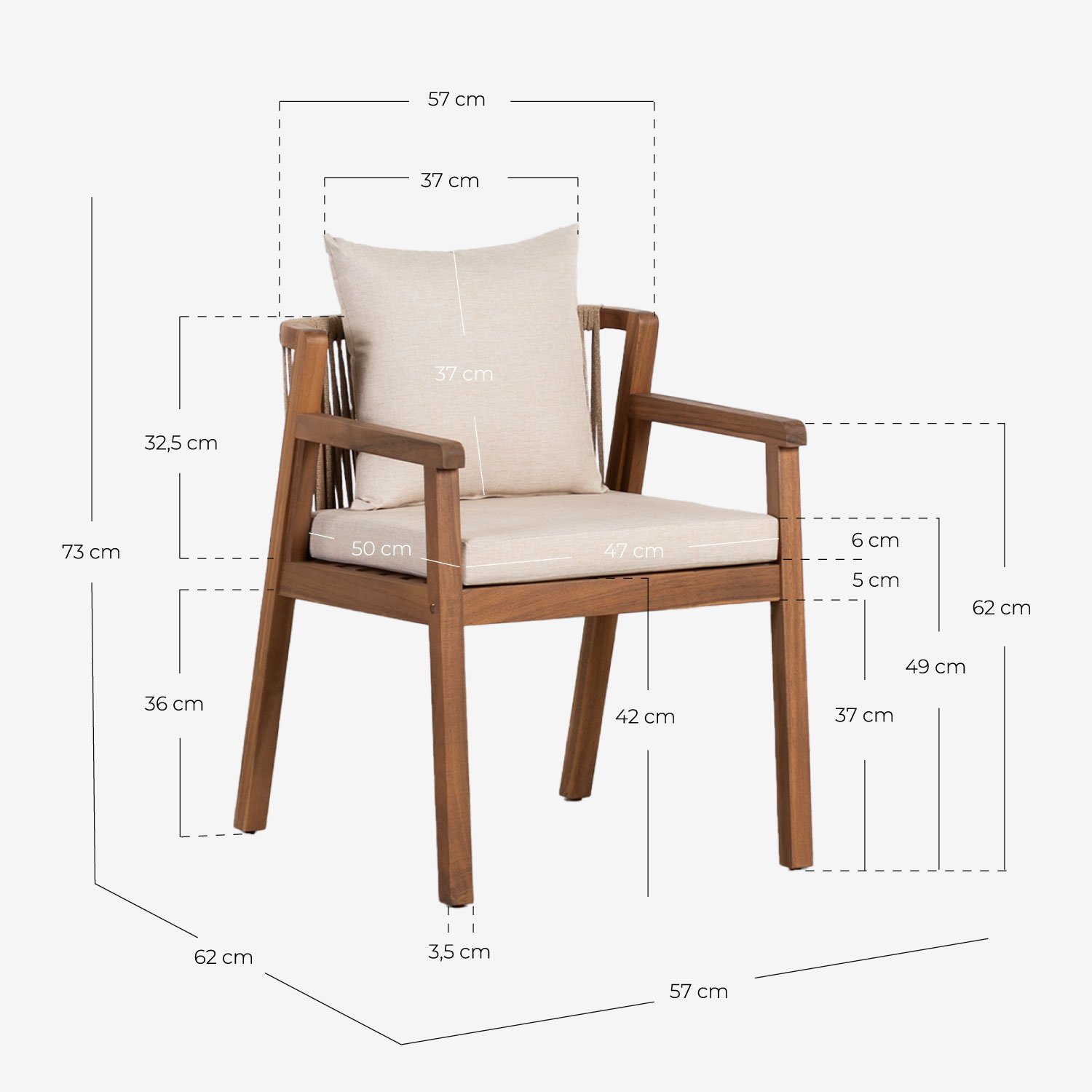 Set de Mesa Rectangular (200x95 cm) y 6 Sillas con Reposabrazos de Madera de Acacia de Exterior Cael, medidas