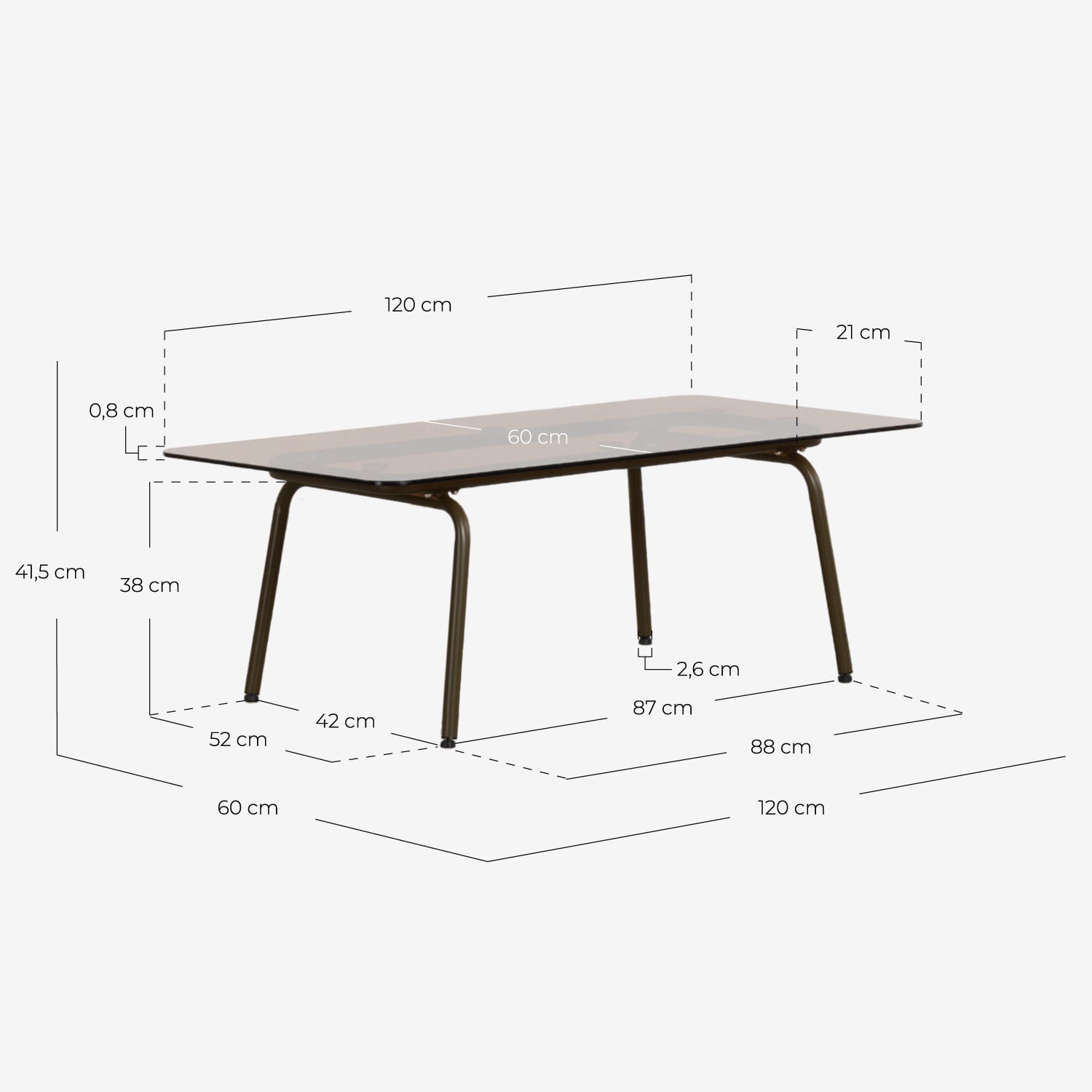 Mesa de Centro de Exterior Rectangular de Metal y Cristal Templado (120x56 cm) Xoan, medidas