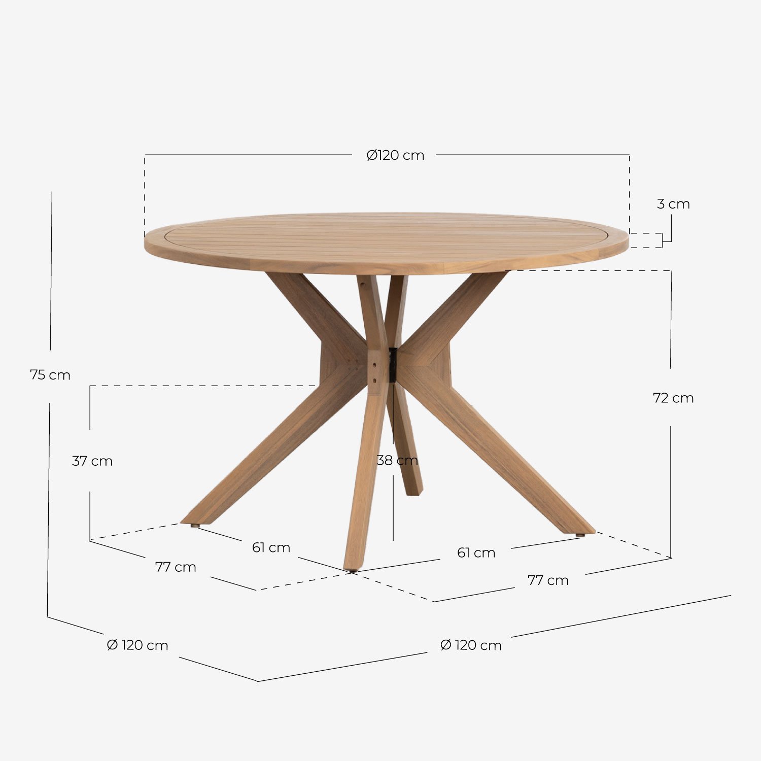 Set de Mesa Redonda (Ø120 cm) y 4 Sillas de Madera de Acacia de Exterior Mirla, medidas