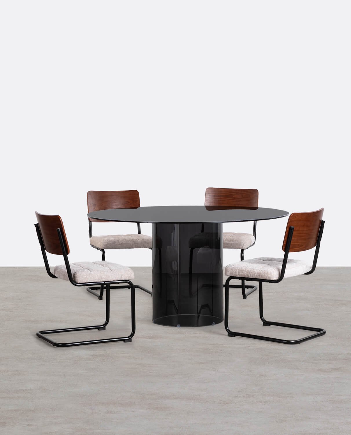 Set de Mesa de Comedor Redonda de Cristal Templado Kolu y 4 Sillas de Madera y Tela Cuba, imagen de galería 1