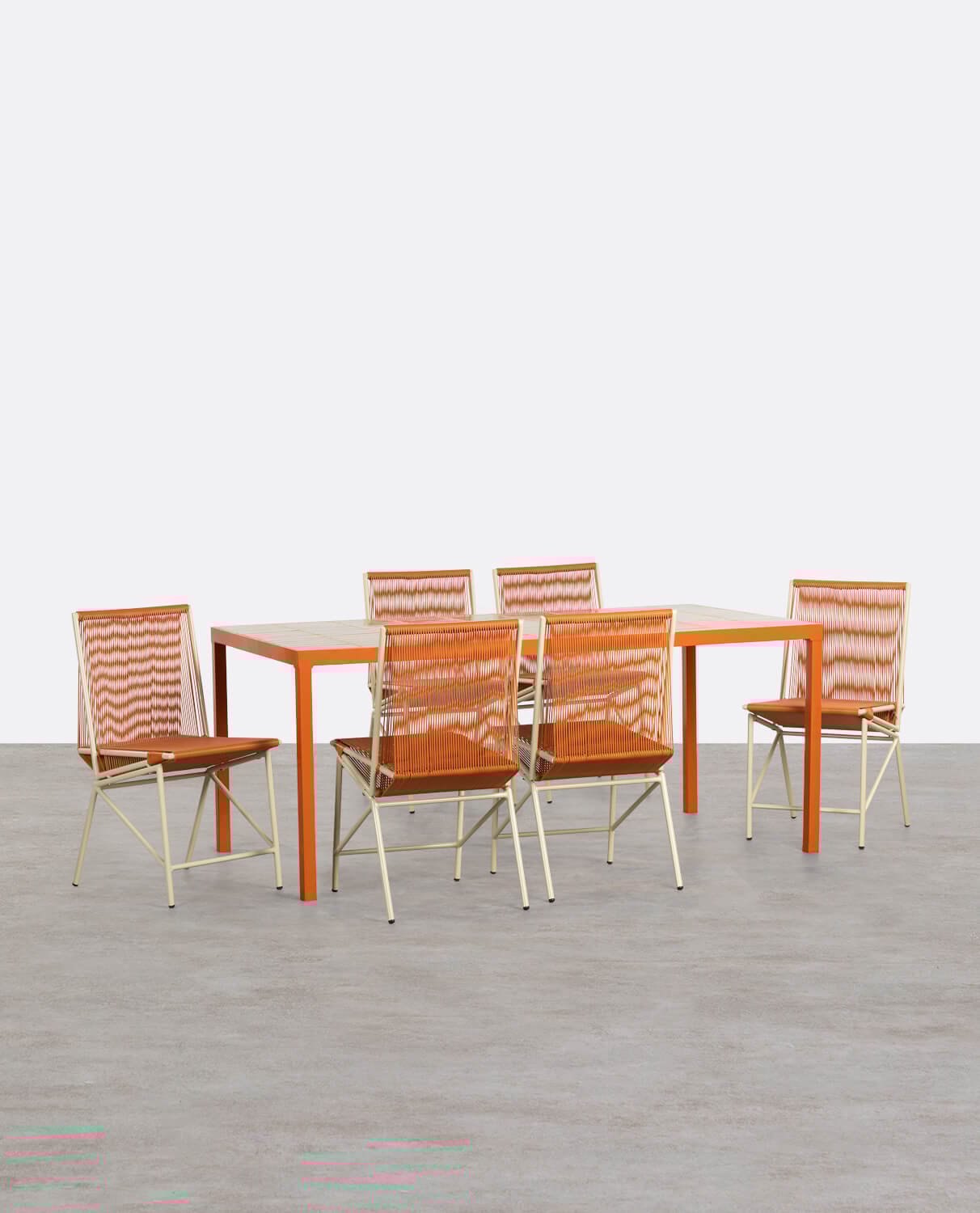 Set de Mesa de Comedor Rectangular con Cerámica Zafiro y 6 Sillas de Ratán y Metal Amur, imagen de galería 1