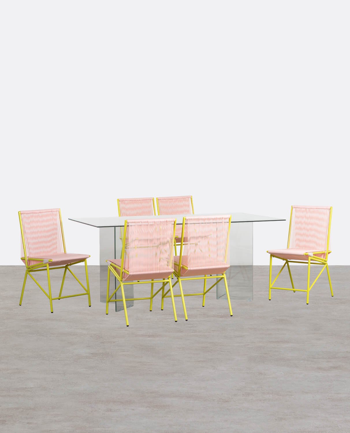 Set de Mesa de Comedor Rectangular de Cristal Kamil y 6 Sillas de Ratán y Metal Amur, imagen de galería 1