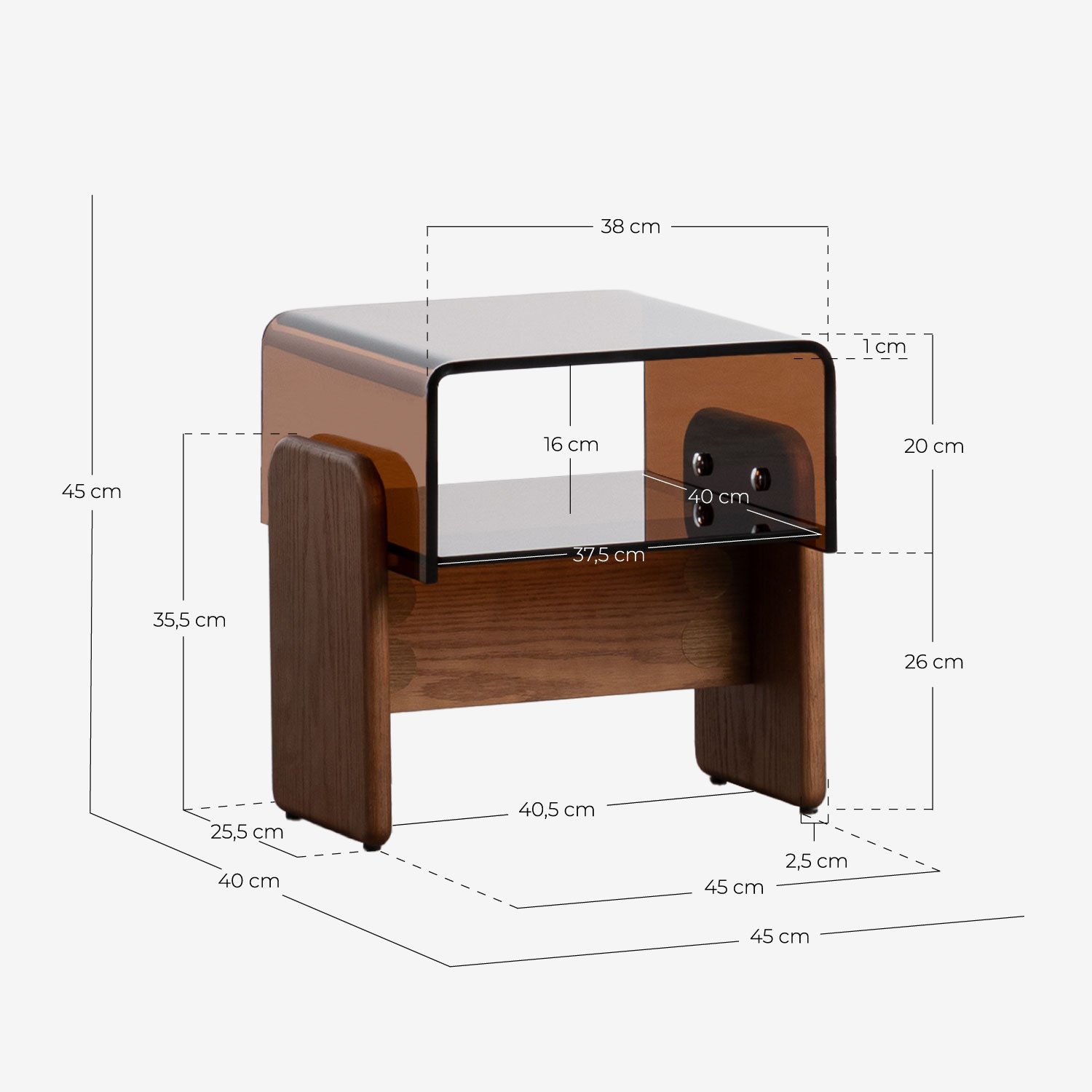 Mesa Auxiliar Rectangular de Cristal Curvado y Madera (45x40 cm) Clery, medidas