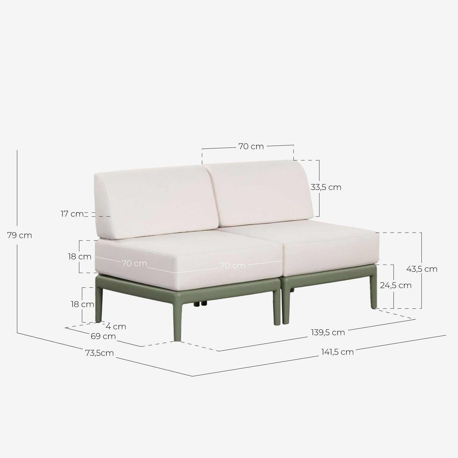 Set de Jardín con Sofá 2 Plazas, 2 Sillones y Mesa de Centro de Cristal Templado y Polipropileno Meivy, medidas