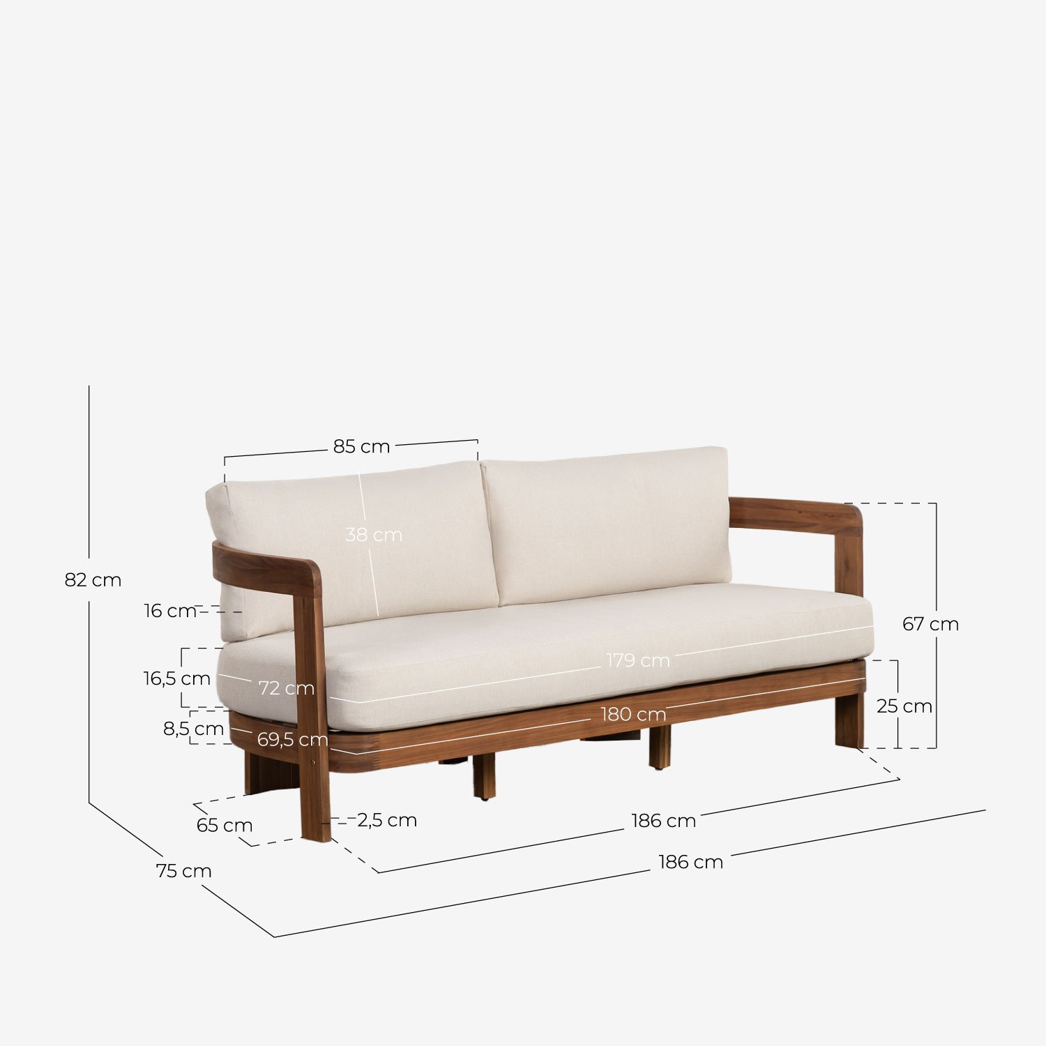 Set de Jardín con Sofá 2 Plazas, 2 Sillones y Mesa de Centro de Madera de Acacia y Tela Moad, medidas