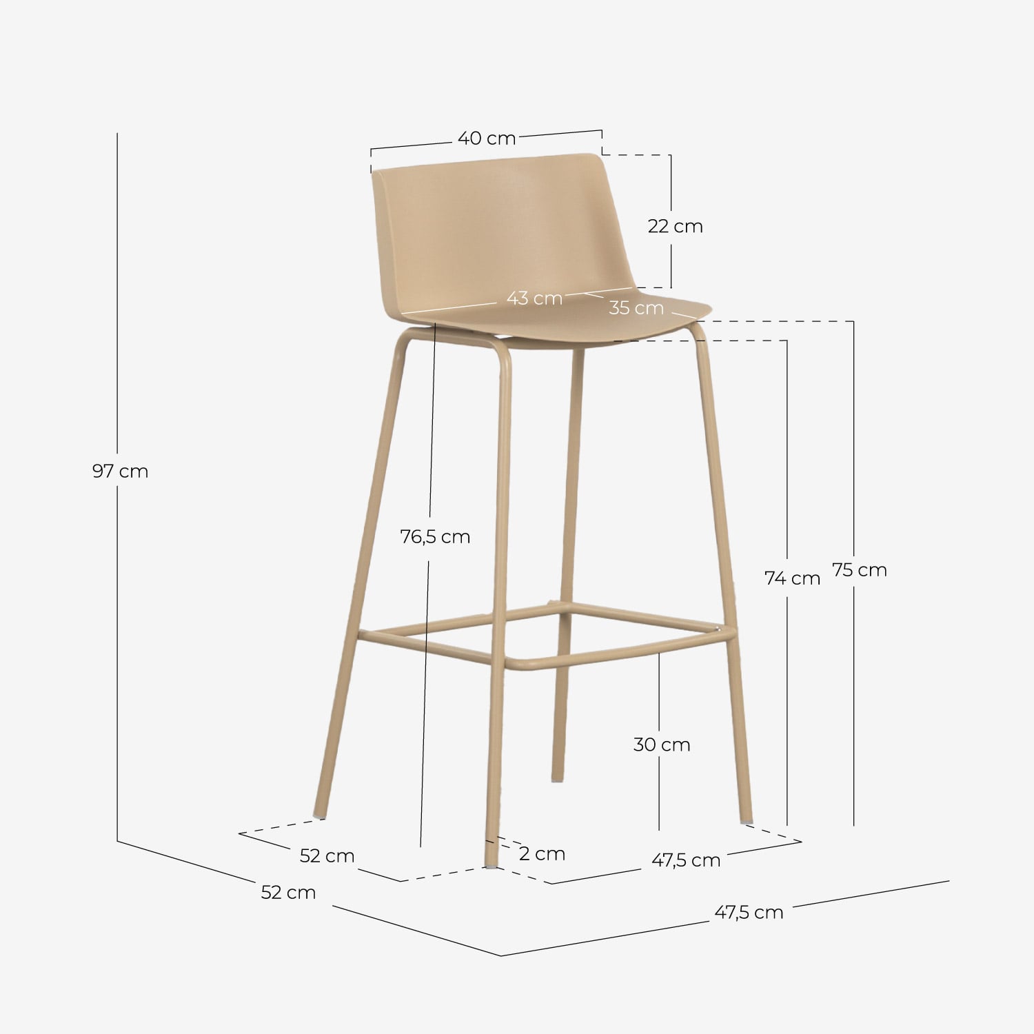 Taburete Alto de Exterior de Polipropileno y Metal (75 cm) Meivy, medidas