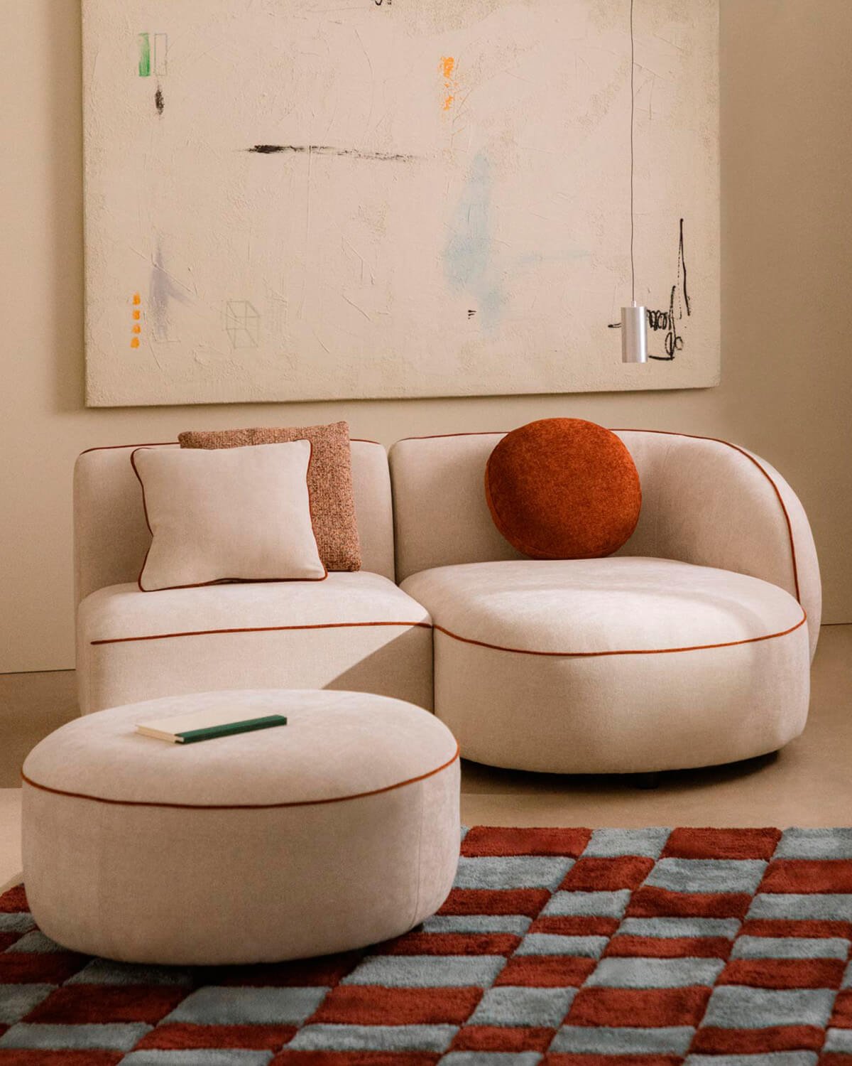 Sofá Modular 2 Piezas Chaise Longue con Sillón y Puff Redondo de Tela Ilham , imagen de galería 2