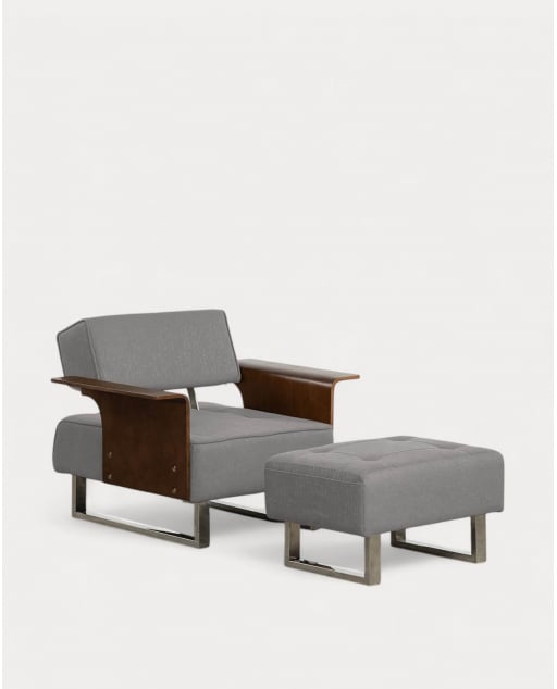 Sillón Reclinable con Reposapiés de Tela y Madera 70s - Gris Concrete