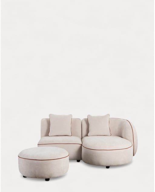 Sofá Modular 2 Piezas Chaise Longue con Sillón y Puff Redondo de Tela Ilham