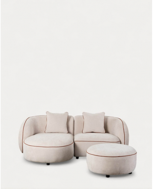 Sofá Modular 2 Piezas Esquinero con Chaise Longue y Puff Redondo de Tela Ilham - Beige Seashell