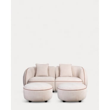 Sofá Modular de 2 Piezas Esquineras y 2 Puffs Redondos de Tela Ilham Beige Seashell - The Masie