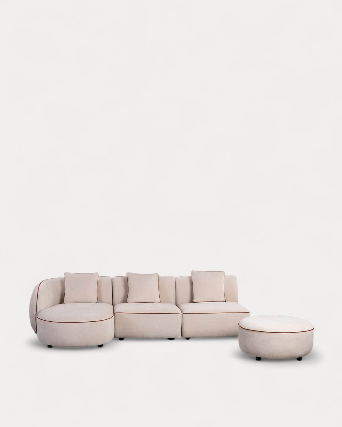 Sofá Modular 3 Piezas Chaise Longue con 2 Sillones y Puff Redondo de Tela Ilham