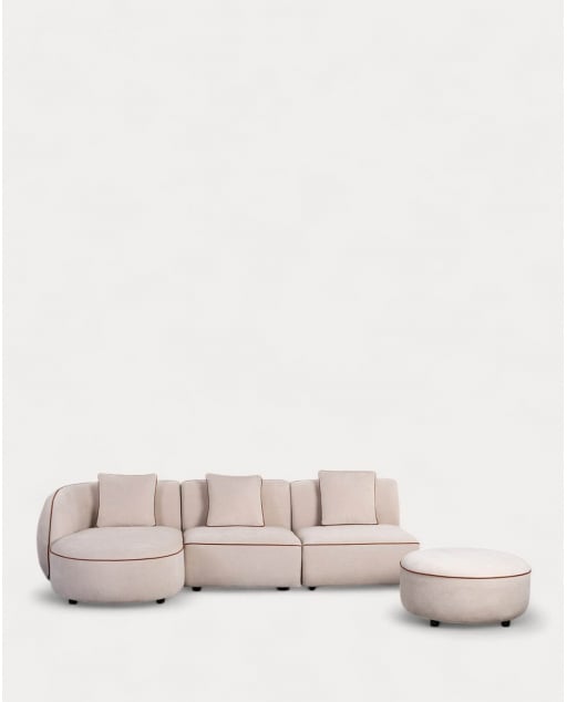 Sofá Modular 3 Piezas Chaise Longue con 2 Sillones y Puff Redondo de Tela Ilham