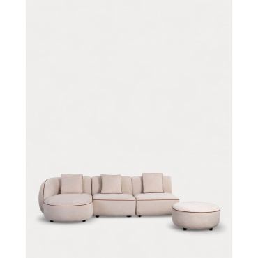 Sofá Modular 3 Piezas Chaise Longue con 2 Sillones y Puff Redondo de Tela Ilham Beige Seashell & Chaise longue Izquierdo - The Masie