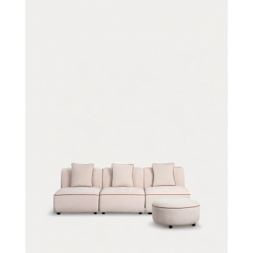 Sofá Modular de 3 Piezas Sillón con Puff Redondo de Tela Ilham Beige Seashell - The Masie