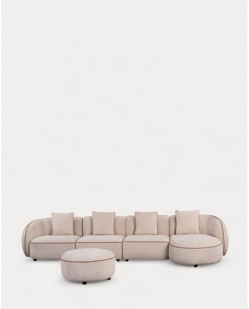 Sofá Modular 4 Piezas Esquinero con Chaise Longue y Puff Redondo de Tela Ilham