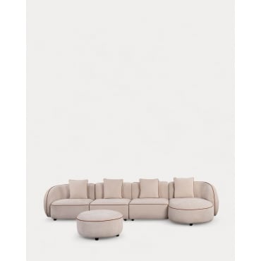Sofá Modular 4 Piezas Esquinero con Chaise Longue y Puff Redondo de Tela Ilham Beige Seashell & Chaise longue Derecho - The Masie