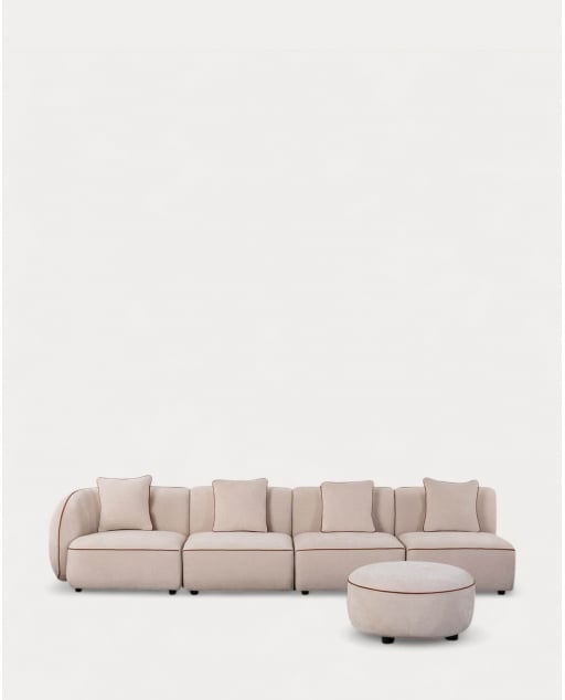 Sofá Modular 4 Piezas con Sillón Esquinero y Puff Redondo de Tela Ilham - Beige Seashell