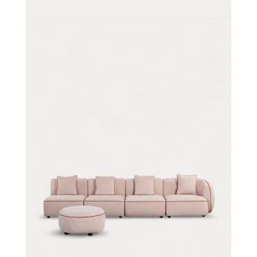 Sofá Modular 4 Piezas con Sillón Esquinero y Puff Redondo de Tela Ilham Beige Seashell & Módulo Derecho - The Masie