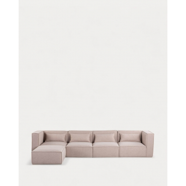 Sofá Modular de 4 Piezas con 2 Sillones Esquineros y Puff de Tela Kilhe Tela -Beige Seashell - The Masie
