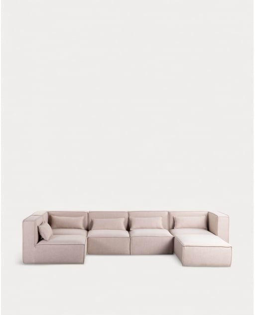 Sofá Modular de 5 Piezas y Puff de Tela Kilhe - Tela -Beige Seashell