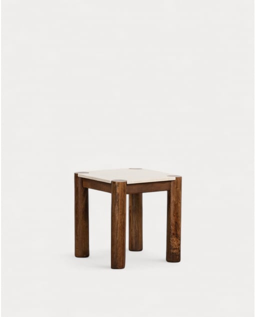 Mesa Auxiliar Cuadrada de Mármol Botticino y Madera de Mango (50x50 cm) Dublin