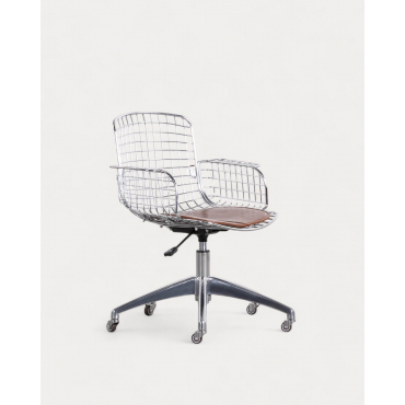 Silla de Escritorio Vintage con Respaldo Alto de Metal Aras Cromado & Cojín Marrón - The Masie