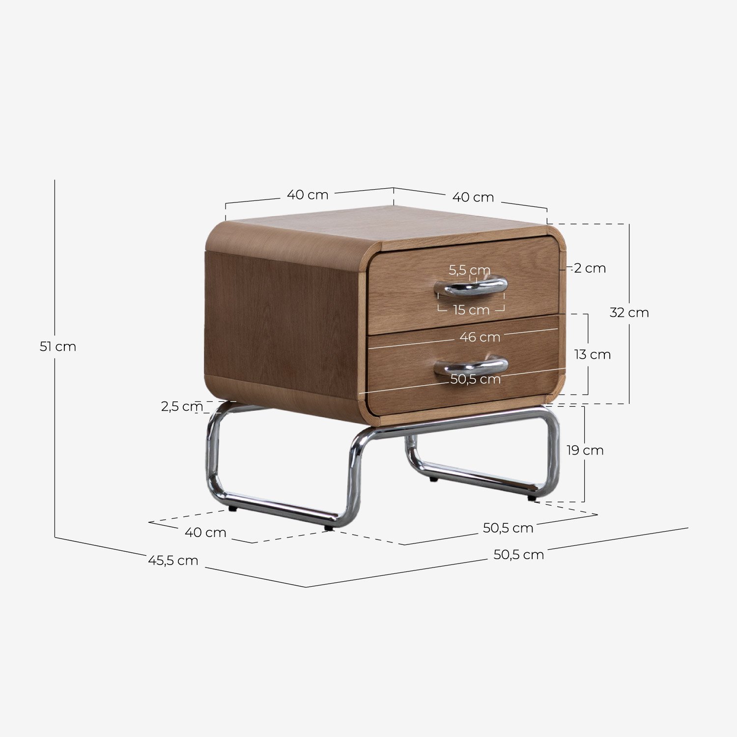 Pack 2 Mesitas de Noche con Cajones de Madera y Metal (50,5x45,5 cm) Tober, medidas