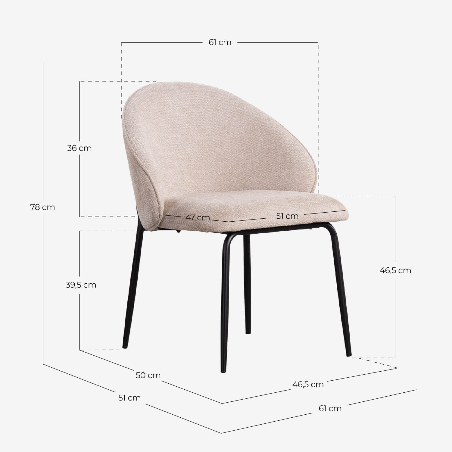 Pack 4 Sillas de Comedor de Tela y Metal Emna, medidas