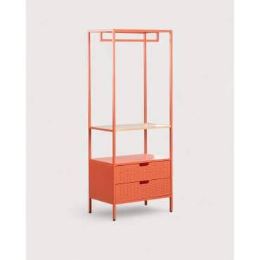 Perchero de Pie con Estante y dos Cajones de Acero Laminado y Madera de Pino (180x70 cm) Varys Naranja Terra - The Masie
