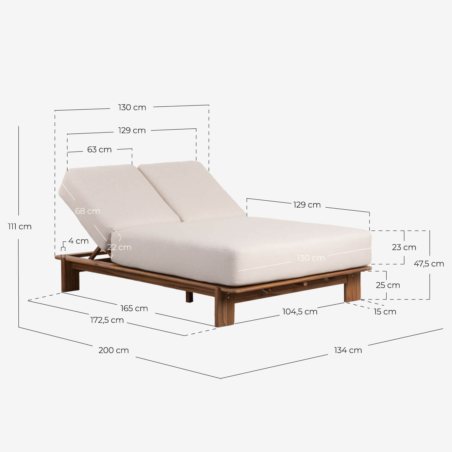 Tumbona Doble Reclinable de Madera de Acacia con Cojín de Tela Cael , medidas