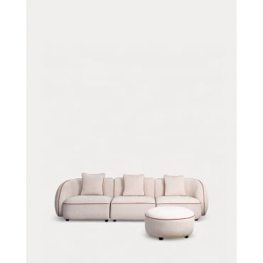 Sofá Modular 3 Piezas con 2 Esquineros y Sillón con Puff Redondo de Tela Ilham Beige Seashell - The Masie
