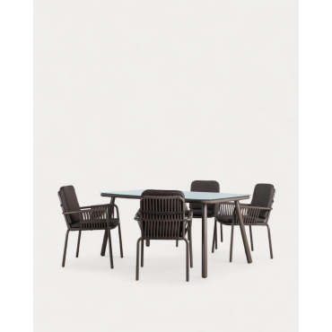 Set de Mesa Rectangular (160x90 cm) de Aluminio y Cristal con 4 Sillas de Exterior Drian Gris topo y Marrón - The Masie