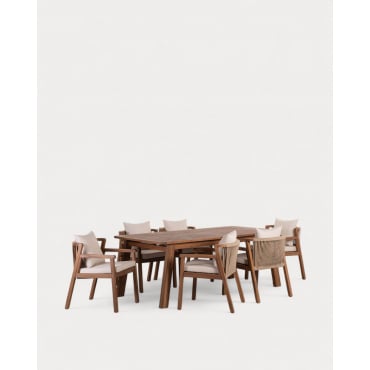 Set de Mesa Rectangular (200x95 cm) y 6 Sillas con Reposabrazos de Madera de Acacia de Exterior Cael Madera de Acacia Medio - The Masie