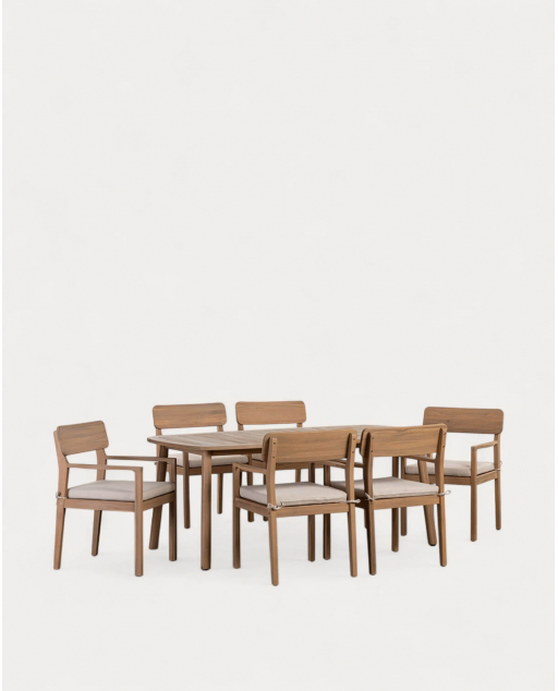 Set de Mesa Rectangular (180x100 cm) y 6 Sillas con Reposabrazos de Madera de Acacia de Exterior Mirla - Beige Seashell